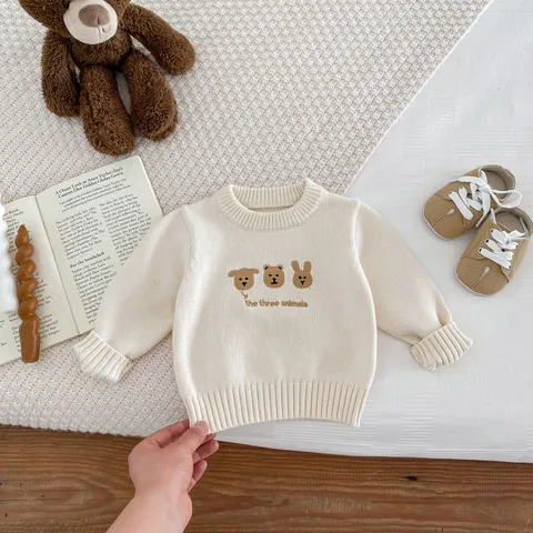 Baby Kids Cotton Crew Neck Long Sleeve Pullover Sweater Cute Animal Embroidery Soft Casual Knitwear Warm Top