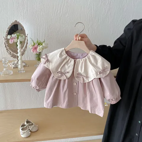 Infant Baby Girls Trench Coat Autumn Long Sleeve Large Lapel Bow Single Breasted Cotton Outerwear Toddler Chic Jacket