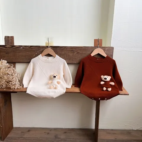 Infant Baby Boys Girls Long Sleeve Knit Romper Cute Bear Pocket Newborn Autumn Cotton Bodysuit Infant Jumpsuit