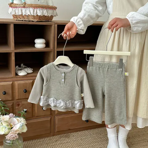 Infant Baby Girls Cotton Waffle Knit Outfit Set Long Sleeve Pullover Top Vest And Pants Korean Style Cute Toddler Clothing