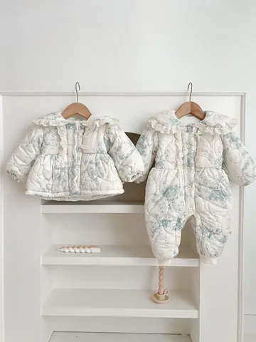 Baby Girls Thickened Warm Romper Outerwear Lace Trim Floral Print Winter Jacket