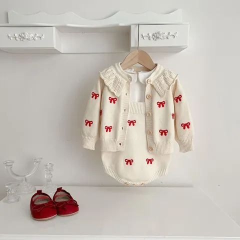 Infant Baby Girls Knit Cardigan Romper Set Cute Bow Embroidery Cotton Long Sleeve Toddler Outfit