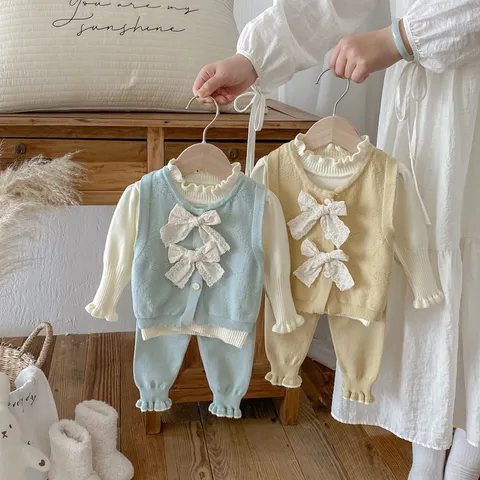 Baby Girls Cute Knit Vest Long Sleeve Top And Pants Infant Toddler Clothing Set Casual Daily Fall Spring Outfit