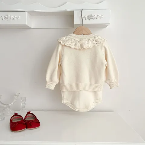Infant Baby Girls Knit Cardigan Romper Set Cute Bow Embroidery Cotton Long Sleeve Toddler Outfit