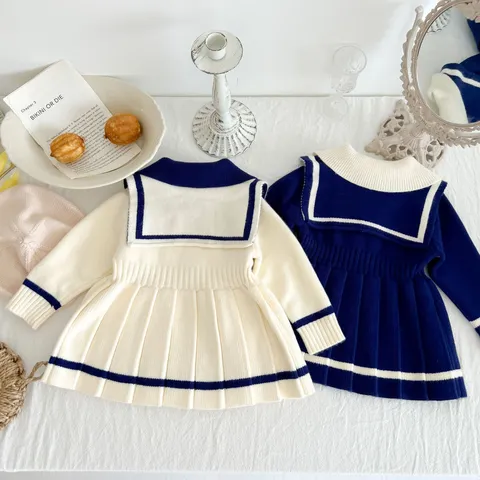 Baby Girls Sailor Collar Knitted Dress Toddler Long Sleeve Pleated Sweater Dress Fall Spring Cotton Children Clothes