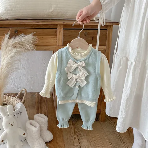 Baby Girls Cute Knit Vest Long Sleeve Top And Pants Infant Toddler Clothing Set Casual Daily Fall Spring Outfit