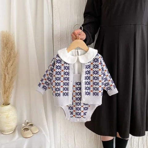 Infant Baby Kids Knit Sweater Cardigan And Romper Set Toddler Cute Geometric Pattern Long Sleeve Cotton Outfit
