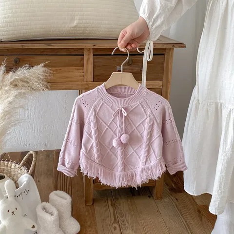 Girls Knit Cardigan Sweater Autumn Winter Children Jacquard Fringe Pullover Cute Sweet Toddler Knitwear Top