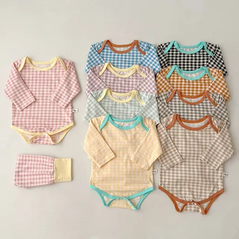 Neonato Bambino Cotone Quadri Manica Lunga Romper Vita Alta Protezione Pancia Pantaloni Due Pezzi Set Bambini Casual Abbigliamento Casa