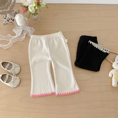 Kleinkind Mädchen Schlaghose Casual Einifarbig Gerippte Baumwollhose Mit Rüschensaum Frühling Herbst Kinder Unterteil
