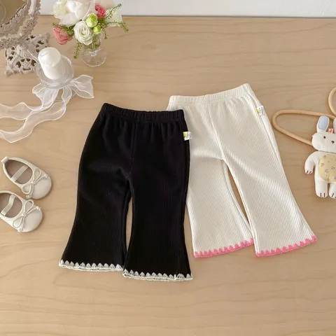 Kleinkind Mädchen Schlaghose Casual Einifarbig Gerippte Baumwollhose Mit Rüschensaum Frühling Herbst Kinder Unterteil