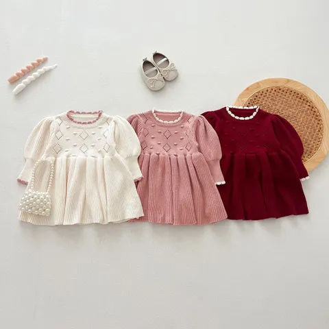 Infant Baby Girls Knit Dress Fall Winter Long Sleeve Crew Neck Solid Color Princess Sweater Dress Toddler Children Clothing