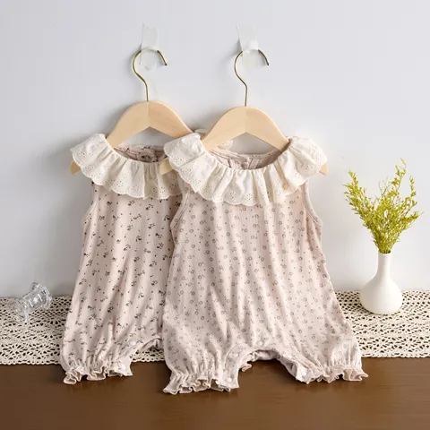 Baby Mädchen Sommer Ärmellos Baumwolle Strampler Süß Blumen Rüschenkragen Bodysuit Säugling Alltag Freizeit Kleidung