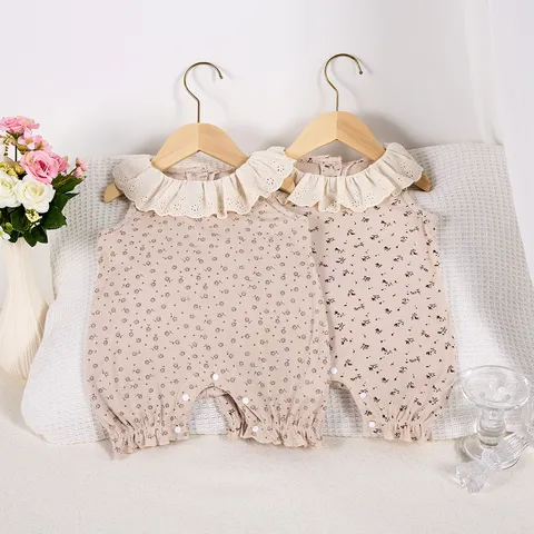 Baby Mädchen Sommer Ärmellos Baumwolle Strampler Süß Blumen Rüschenkragen Bodysuit Säugling Alltag Freizeit Kleidung