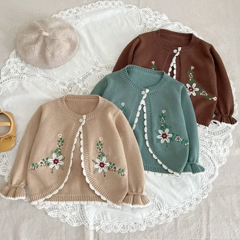 Baby Girls Long Sleeve Knit Cardigan Cute Floral Embroidered Cotton Sweater Infant Toddler Autumn Top Outerwear