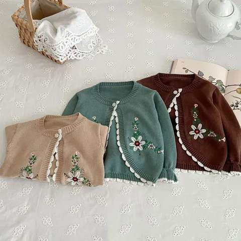 Baby Girls Long Sleeve Knit Cardigan Cute Floral Embroidered Cotton Sweater Infant Toddler Autumn Top Outerwear