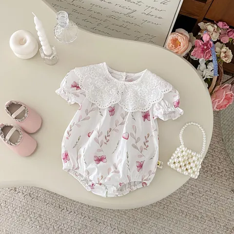 Baby Girls Cute Floral Romper Infant Cotton Short Sleeve Turn Down Collar Ruffle Bodysuit Summer Casual Clothes