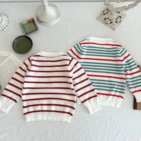 Infant Baby Cotton Knitted T-Shirt Cute Contrast Stripe Long Sleeve Crew Neck Pullover Tops For Toddler Boys And Girls Fall Spring