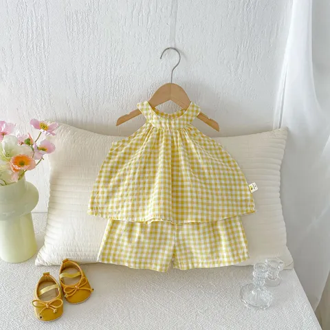 Bambina Estate Cotone Quadrati Halter Top E Pantaloncini Set Carino Giallo Due Pezzi Vestito Bambini Abbigliamento Casual