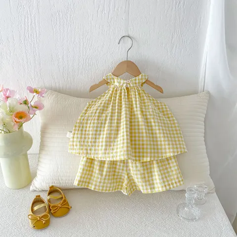 Bambina Estate Cotone Quadrati Halter Top E Pantaloncini Set Carino Giallo Due Pezzi Vestito Bambini Abbigliamento Casual