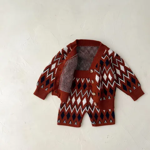 Bebé Niña Vintage Argyle Cárdigan de Punto Y Conjunto de Pantalones Cortos Niño Pequeño Otoño Jersey de Manga Larga Traje