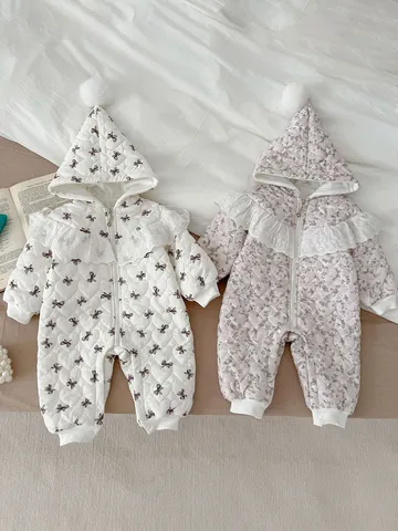 Bebé Niña Acolchado Cálido Invierno Mameluco Con Capucha Pompon Lazo Floral Algodón Ropa Acolchada Princesa Ropa Exterior