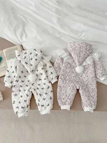 Bebé Niña Acolchado Cálido Invierno Mameluco Con Capucha Pompon Lazo Floral Algodón Ropa Acolchada Princesa Ropa Exterior