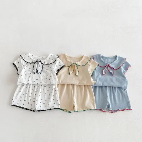 Completo Estivo da Neonata Collo alla Marinaresca T-Shirt Manica Corta e Pantaloncini Carino Cotone Stampa Fiocco Top e Fondo Tuta Casual