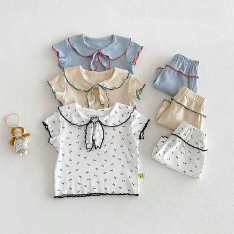 Completo Estivo da Neonata Collo alla Marinaresca T-Shirt Manica Corta e Pantaloncini Carino Cotone Stampa Fiocco Top e Fondo Tuta Casual