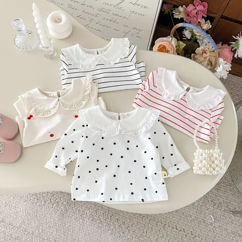 Infant Baby Girls Long Sleeve T-Shirt Cute Lace Doll Collar Striped Floral Cotton Top Children Fall Clothes
