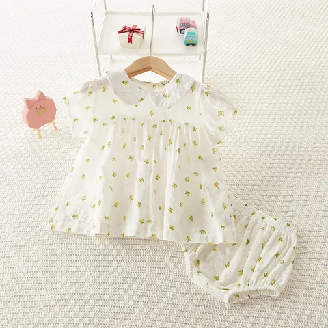 Bebé Niñas Verano Retro Flores Pequeñas Manga Corta Camisa Y Shorts Top Y Parte Inferior Algodón Conjunto Infantil Lindo Traje