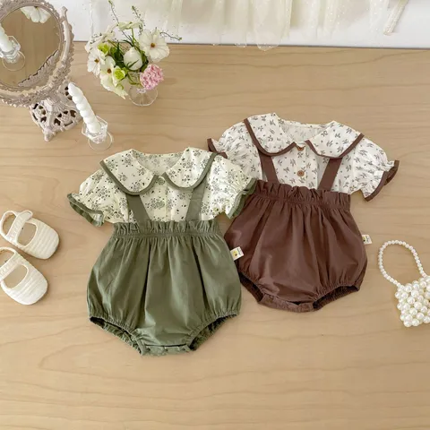 Infant Baby Girls Summer Clothing Set Floral Doll Collar Short Sleeve Top And Overall Shorts Toddler Outfit