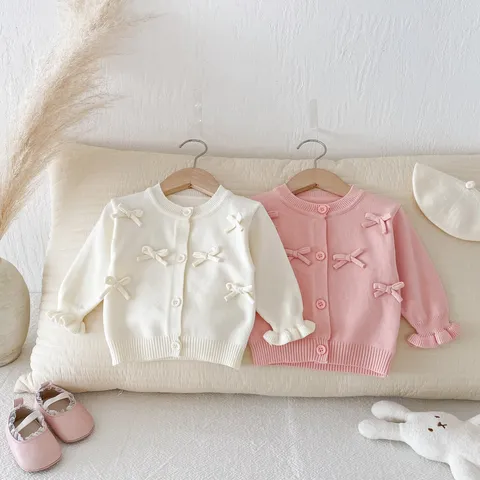 Cárdigan de Punto con Lazo para Niñas Bebés Lindo Mangas Largas Botonadura Simple Cuello Redondo Color Sólido Top de Otoño