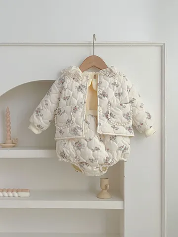 Baby Girls Winter Korean Style Floral Print Ruffle Overalls Jacket Warm Two-Piece Set Toddler Infant Daily Cute Outfit