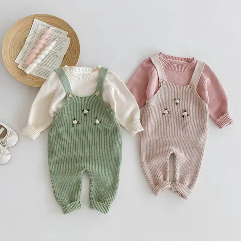 Infant Baby Girls Knit Bib Pants Korean Style Autumn Winter Solid Color Cotton Overalls Toddler Casual Jumpsuit Baby Clothing