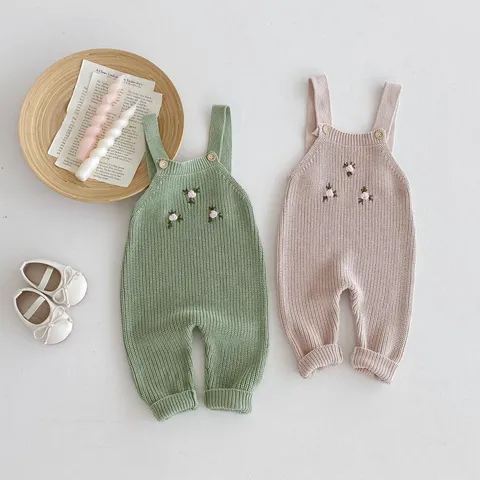 Infant Baby Girls Knit Bib Pants Korean Style Autumn Winter Solid Color Cotton Overalls Toddler Casual Jumpsuit Baby Clothing