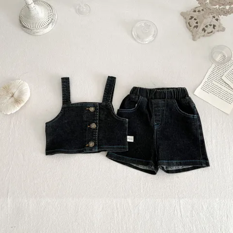 Neonato Bambina Denim Canotta E Shorts Top E Pantaloni Set Estate Stile Coreano Abbigliamento Casual per Infanti