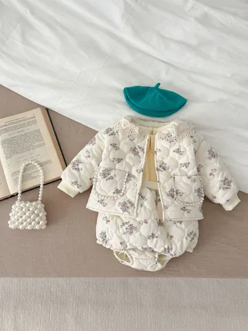Baby Girls Winter Korean Style Floral Print Ruffle Overalls Jacket Warm Two-Piece Set Toddler Infant Daily Cute Outfit