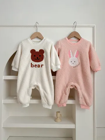 Infant Baby Winter Fleece Lined Romper Cute Cartoon Bear Rabbit Long Sleeve Warm Jumpsuit Boy Girl Toddler Clothing