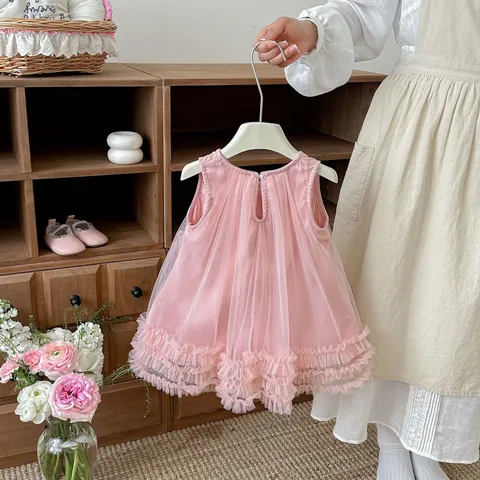Girls Summer Mesh Princess Dress Sleeveless Solid Color Cute Bow Dress Children Sweet Casual Party Dress