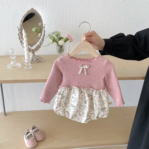 Infant Baby Girls Long Sleeve Romper Floral Patchwork Waffle Knit Jumpsuit Toddler Cute Casual Fall Spring Outfit