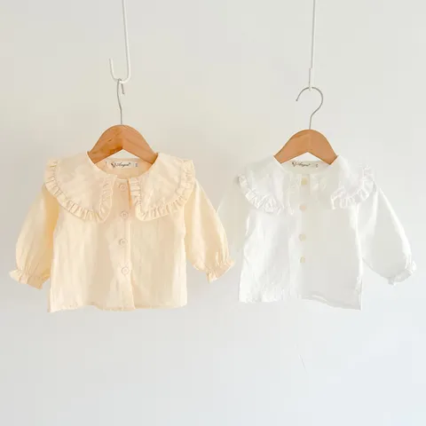 Kleinkind Baby Mädchen Langarm Baumwollhemd Einfarbig Puppenkragen Rüschen Bluse Kleinkind Herbst Tops Kinderbekleidung