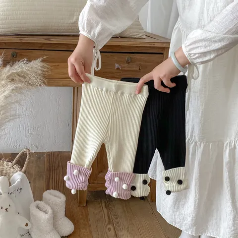 Infant Baby Girls Knit Leggings Autumn Winter Cute Polka Dot Pom Pom Warm Trousers Toddler Casual Pants