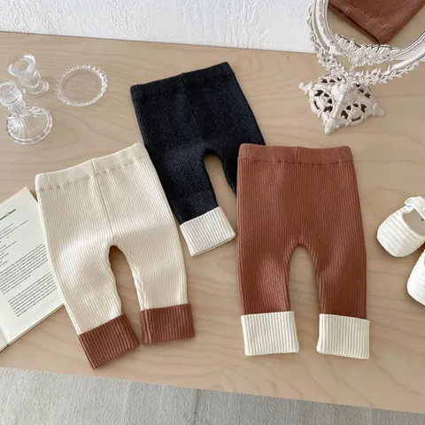 Toddler Girls Knit Leggings Fall Winter Solid Color Elastic Tight Rolled Cuff Pencil Pants Baby Cotton Bottoms