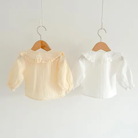 Kleinkind Baby Mädchen Langarm Baumwollhemd Einfarbig Puppenkragen Rüschen Bluse Kleinkind Herbst Tops Kinderbekleidung