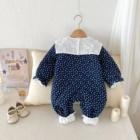 Infant Baby Girls Winter Thickened Cotton Romper Cute Polka Dot Fleece Lined Long Sleeve Lapel Jumpsuit Sweet Crawler Outfit