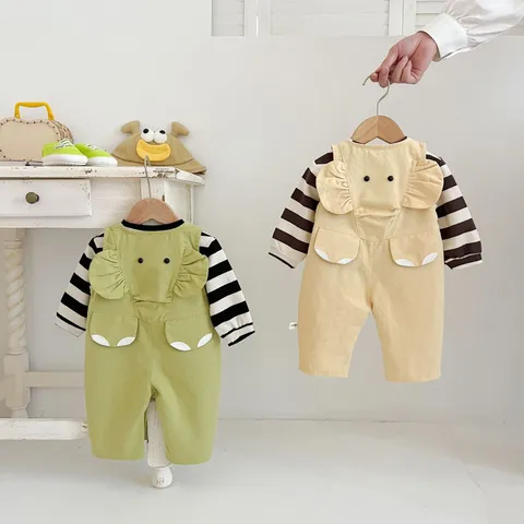 Infant Baby Toddler Casual Cotton Overalls Long Pants Stripe Tops Cute Elephant Ear Design Fall Children Clothing