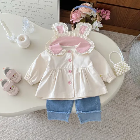Toddler Baby Girls Cute Bunny Ears Windbreaker Autumn Cotton Coat Princess Style Long Sleeve Lapel Jacket Outerwear