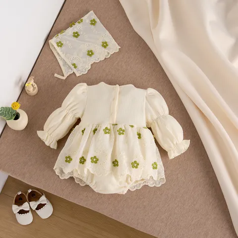 Säugling Baby Mädchen Langarm Strampler Bestickt Blumen Spitzenkante Bodysuit Mit Hut Süß Baumwolle Baby Kleidung Set