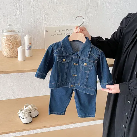 Bambini Giacca in Denim Morbido E Pantaloni Set Manica Lunga Colletto con Risvolto Cappotto Monopetto Pantaloni Lunghi Abito Casual per Bambini